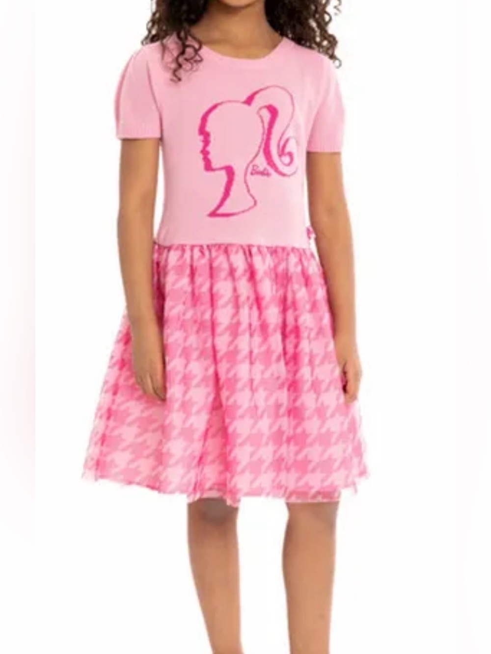 Barbie Girls' Short Sleeve Sweater Top Dress with Mesh Skirt Pink Size 6-6X